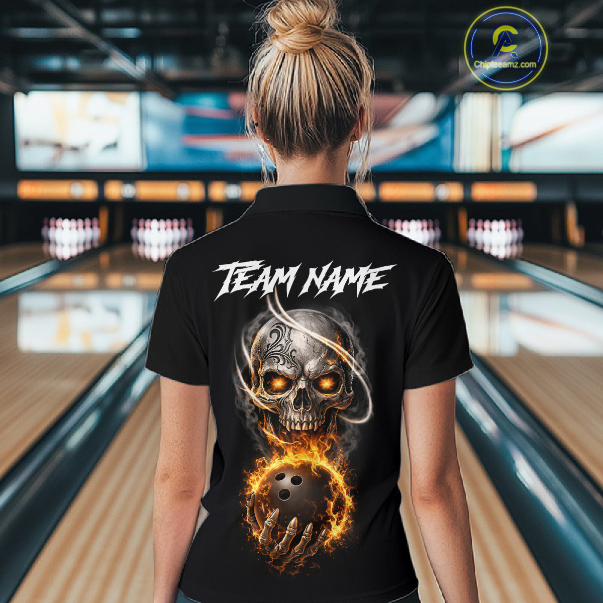 Flame Skull Reaper Bowling Polo, Quarter Zip Shirts For Women Custom Bowling Team Jerseys | Black NQS11745