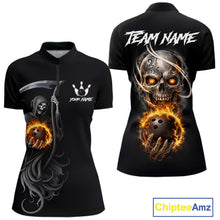 Load image into Gallery viewer, Flame Skull Reaper Bowling Polo, Quarter Zip Shirts For Women Custom Bowling Team Jerseys | Black NQS11745