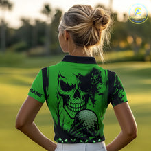 Load image into Gallery viewer, Custom Skull Golf Polo Shirts For Women Halloween Golf Outfits, personalized golf gifts | Green NQS10660