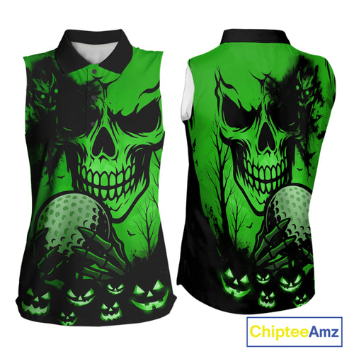 Skull Women's Sleeveless Polo Shirt Halloween Golf Outfits, Halloween golf gifts | Green NQS10660