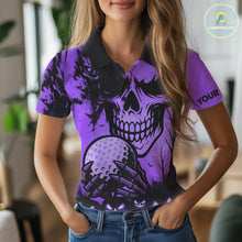 Load image into Gallery viewer, Custom Skull Golf Polo Shirts For Women Halloween Golf Outfits, personalized golf gifts | Purple NQS10661