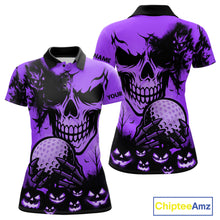 Load image into Gallery viewer, Custom Skull Golf Polo Shirts For Women Halloween Golf Outfits, personalized golf gifts | Purple NQS10661