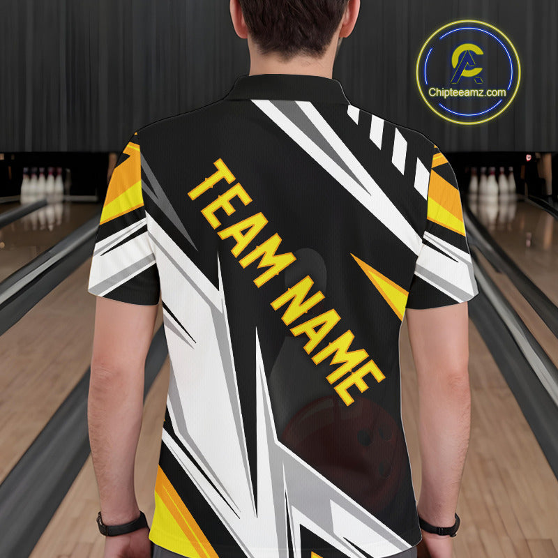 Black, White and Gold Men's bowling Polo, Quarter Zip shirts Custom Team bowling league jerseys NQS11264