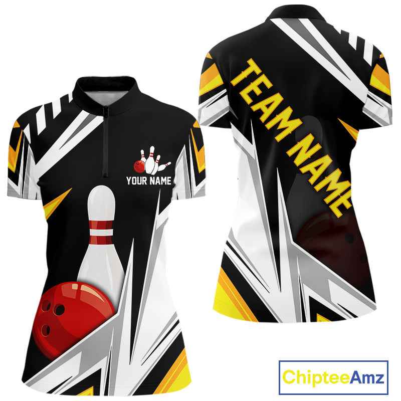 Black, White and Gold Women's bowling Polo, Quarter Zip shirts Custom Team bowling league jerseys NQS11264