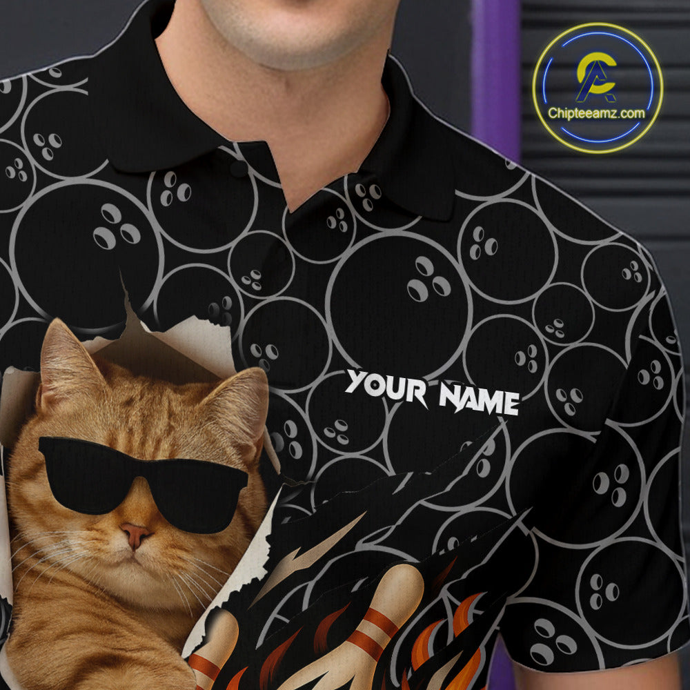 Custom Funny Cat Bowling shirts for men, black camo flame cool bowling uniform for team bowlers NQS11074