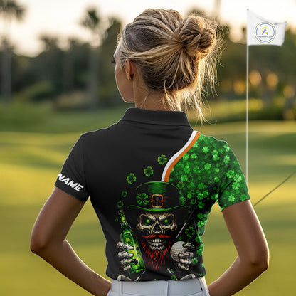 Green shamrock pattern St Patrick Skull Golf and Beer Polo shirts for Women Custom ladies golf tops NQS11483