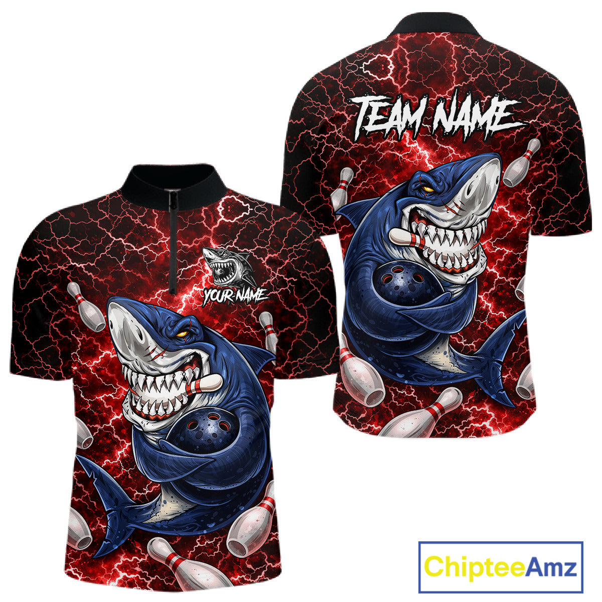 Red Lightning Thunder Angry Shark Bowling shirts For Men Custom Shark Bowling Team Jerseys NQS11756