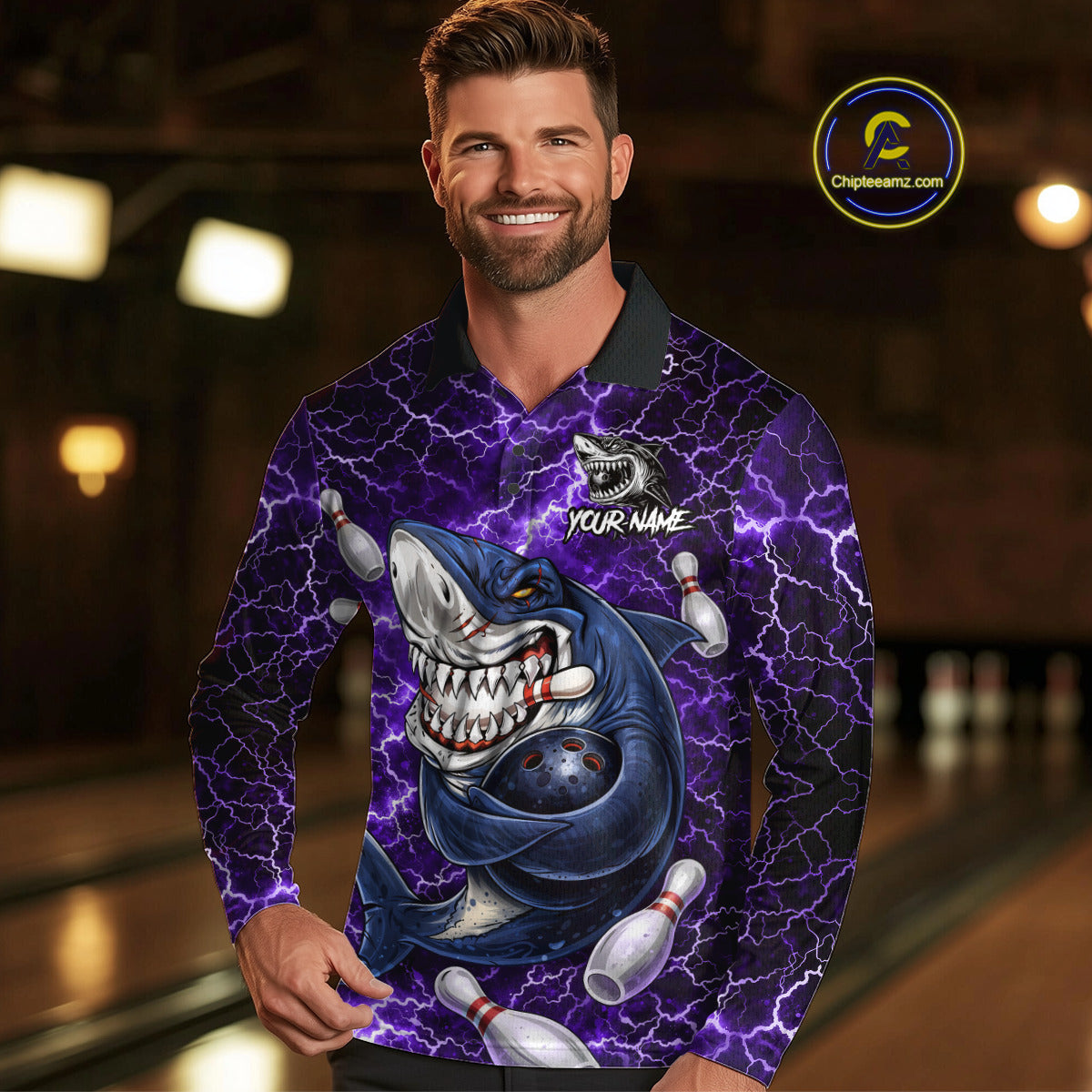 Purple Lightning Thunder Angry Shark Bowling shirts For Men Custom Shark Bowling Team Jerseys NQS11757