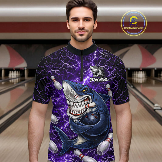 Purple Lightning Thunder Angry Shark Bowling shirts For Men Custom Shark Bowling Team Jerseys NQS11757