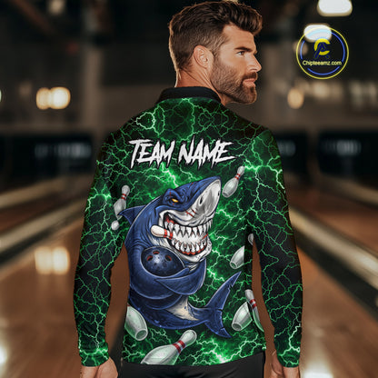 Green Lightning Thunder Angry Shark Bowling shirts For Men Custom Shark Bowling Team Jerseys NQS11758
