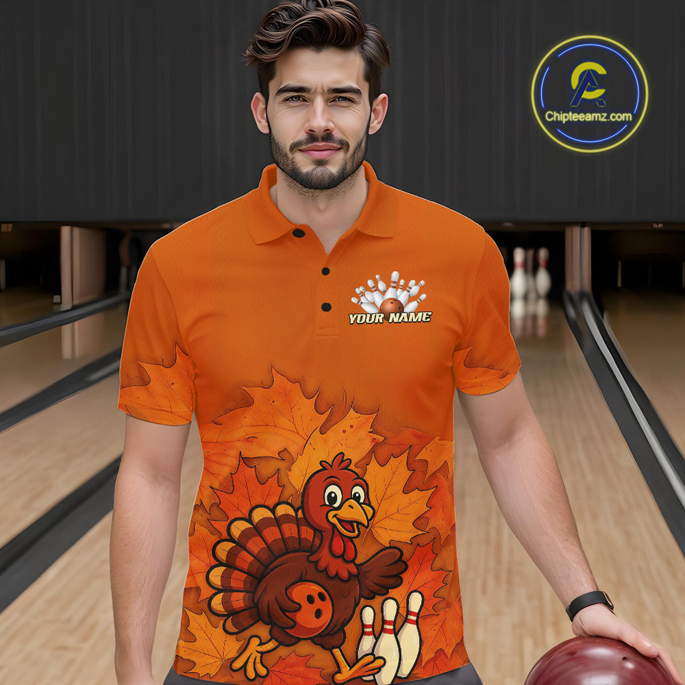 Orange Autumn pattern Custom Turkey Bowling Shirts For Men, Thanksgiving Bowling Team Jerseys NQS10698