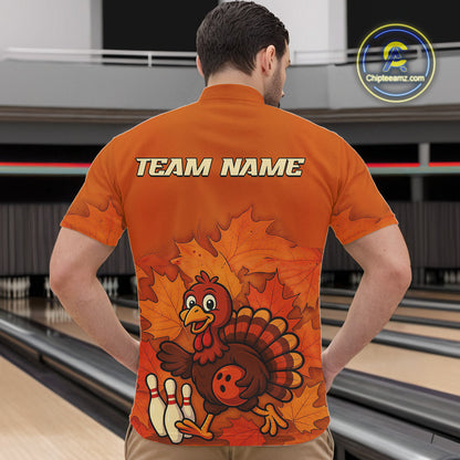 Orange Autumn pattern Custom Turkey Bowling Shirts For Men, Thanksgiving Bowling Team Jerseys NQS10698