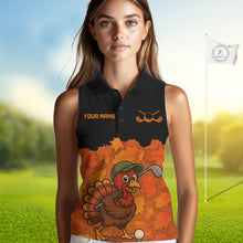 Load image into Gallery viewer, Black and Orange Autumn Leaf Custom Turkey Women Sleeveless Golf Polo Shirt, Thanksgiving Golf Attire NQS10700