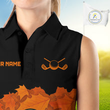 Load image into Gallery viewer, Black and Orange Autumn Leaf Custom Turkey Women Sleeveless Golf Polo Shirt, Thanksgiving Golf Attire NQS10700