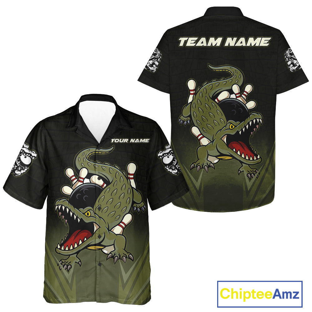 Custom Black and Green Alligator Bowling Hawaiian Shirt, Bowling Team league button-up shirts NQS10735