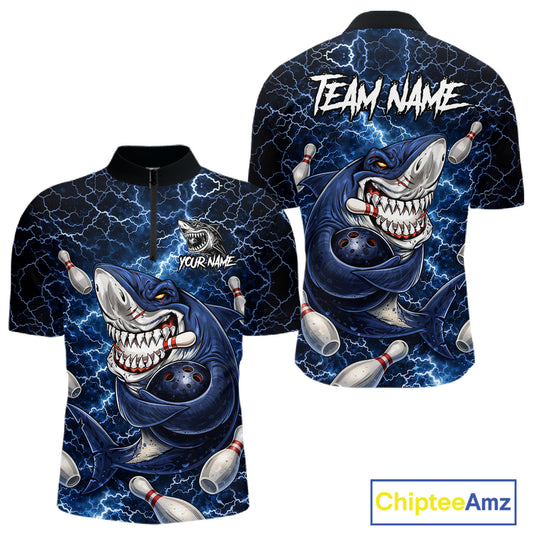 Blue Lightning Thunder Angry Shark Bowling shirts For Men Custom Shark Bowling Team Jerseys NQS11539