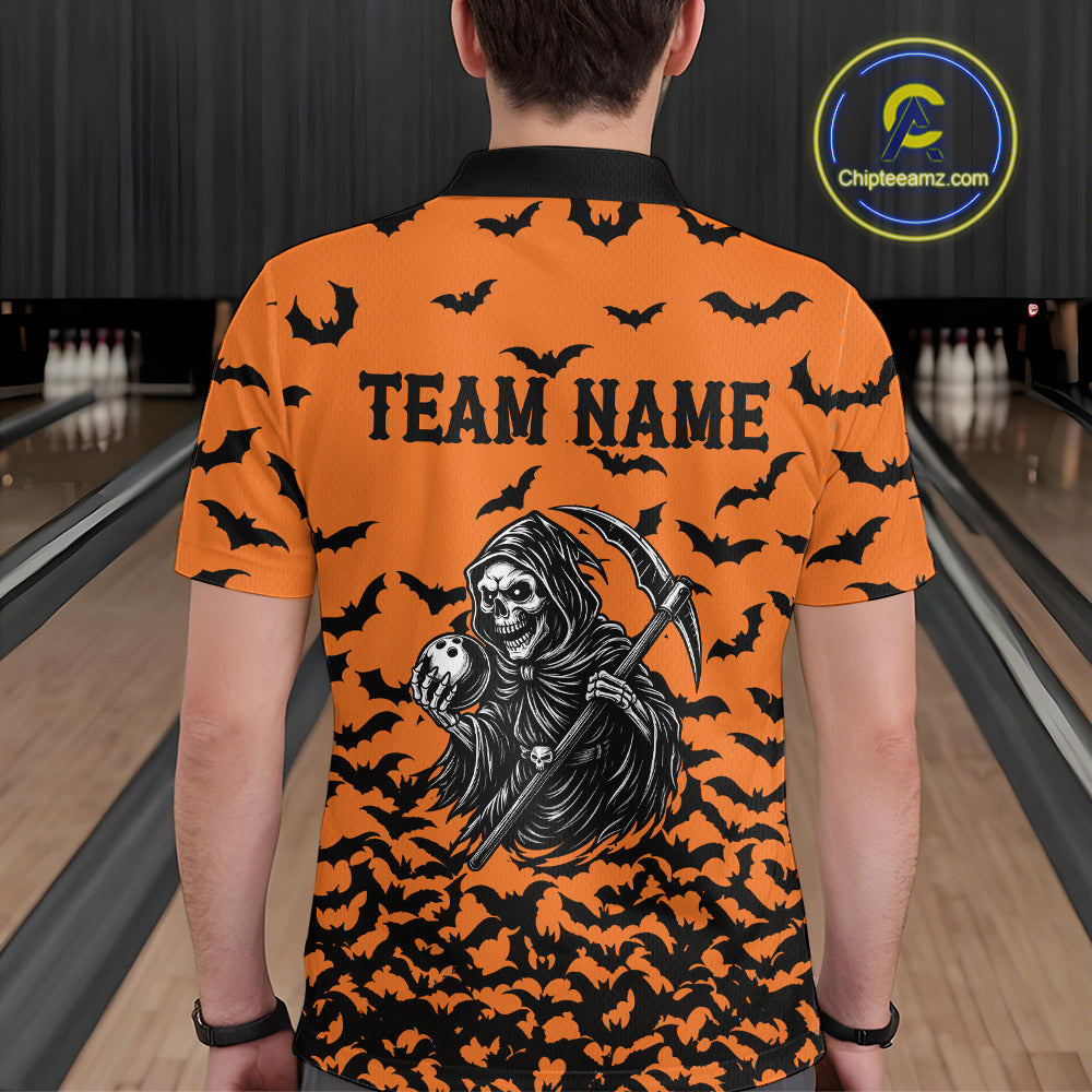 Black and Orange Bats Halloween Skull Reaper Bowling Shirts For Men Custom Bowling Team Jerseys NQS10755