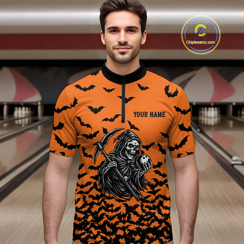 Black and Orange Bats Halloween Skull Reaper Bowling Shirts For Men Custom Bowling Team Jerseys NQS10755
