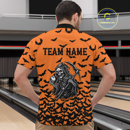 Black and Orange Bats Halloween Skull Reaper Bowling Shirts For Men Custom Bowling Team Jerseys NQS10755