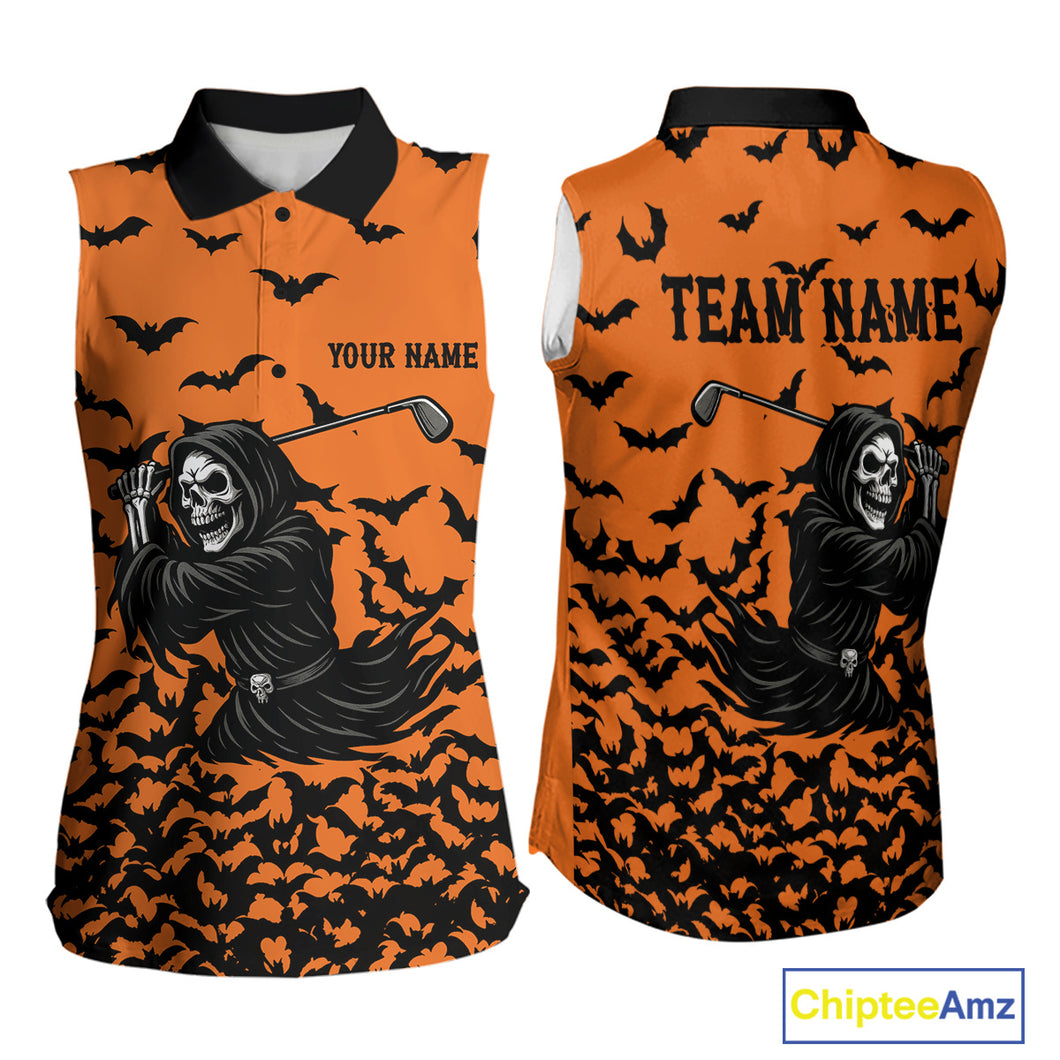 Black and Orange Bats Halloween Skull Reaper Golf Sleeveless Polo Shirt Custom ladies golf top NQS10756