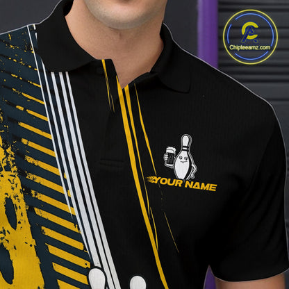 Custom Black and Yellow Funny Bowling And Beer Team Bowling Shirts For Men, bowling outfits for men NQS10965