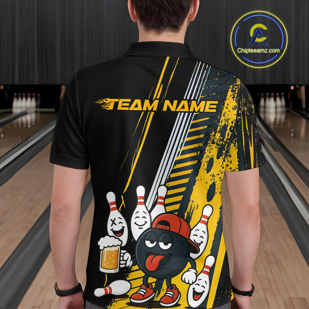Custom Black and Yellow Funny Bowling And Beer Team Bowling Shirts For Men, bowling outfits for men NQS10965