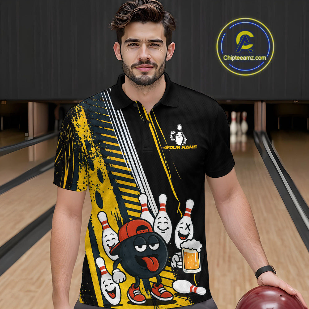 Custom Black and Yellow Funny Bowling And Beer Team Bowling Shirts For Men, bowling outfits for men NQS10965