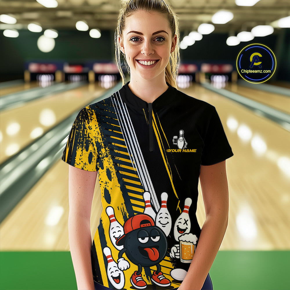 Custom Black and Yellow Funny Bowling And Beer Team Bowling Shirts ladies, bowling outfits for women NQS10965
