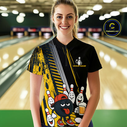 Custom Black and Yellow Funny Bowling And Beer Team Bowling Shirts ladies, bowling outfits for women NQS10965