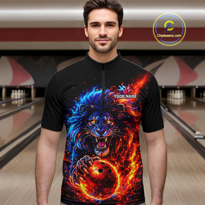 Red and Blue Flame Lion Bowling Shirts For Men Custom Fire Lion Team Bowling jersey NQS11347