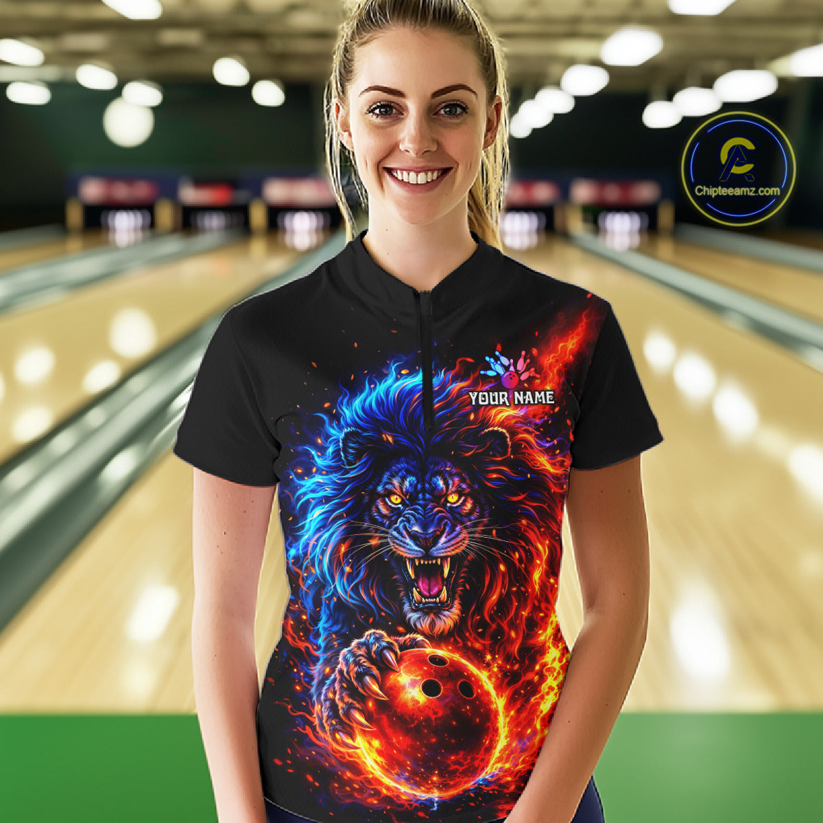 Red and Blue Flame Lion Bowling Shirts For Women Custom Fire Lion Team Bowling jersey NQS11347