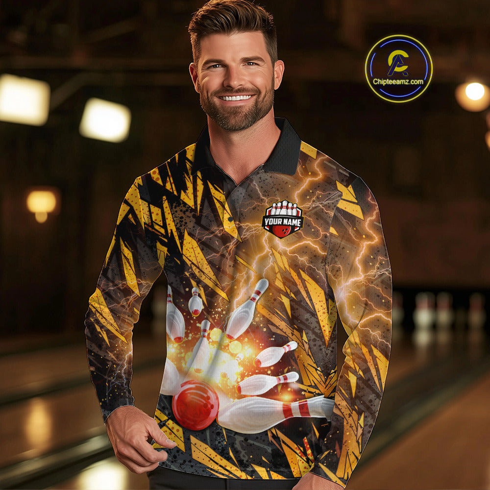 Black and Yellow Camo Lightning Thunder Bowling Shirts For Men Custom Bowling Team Jerseys NQS11153
