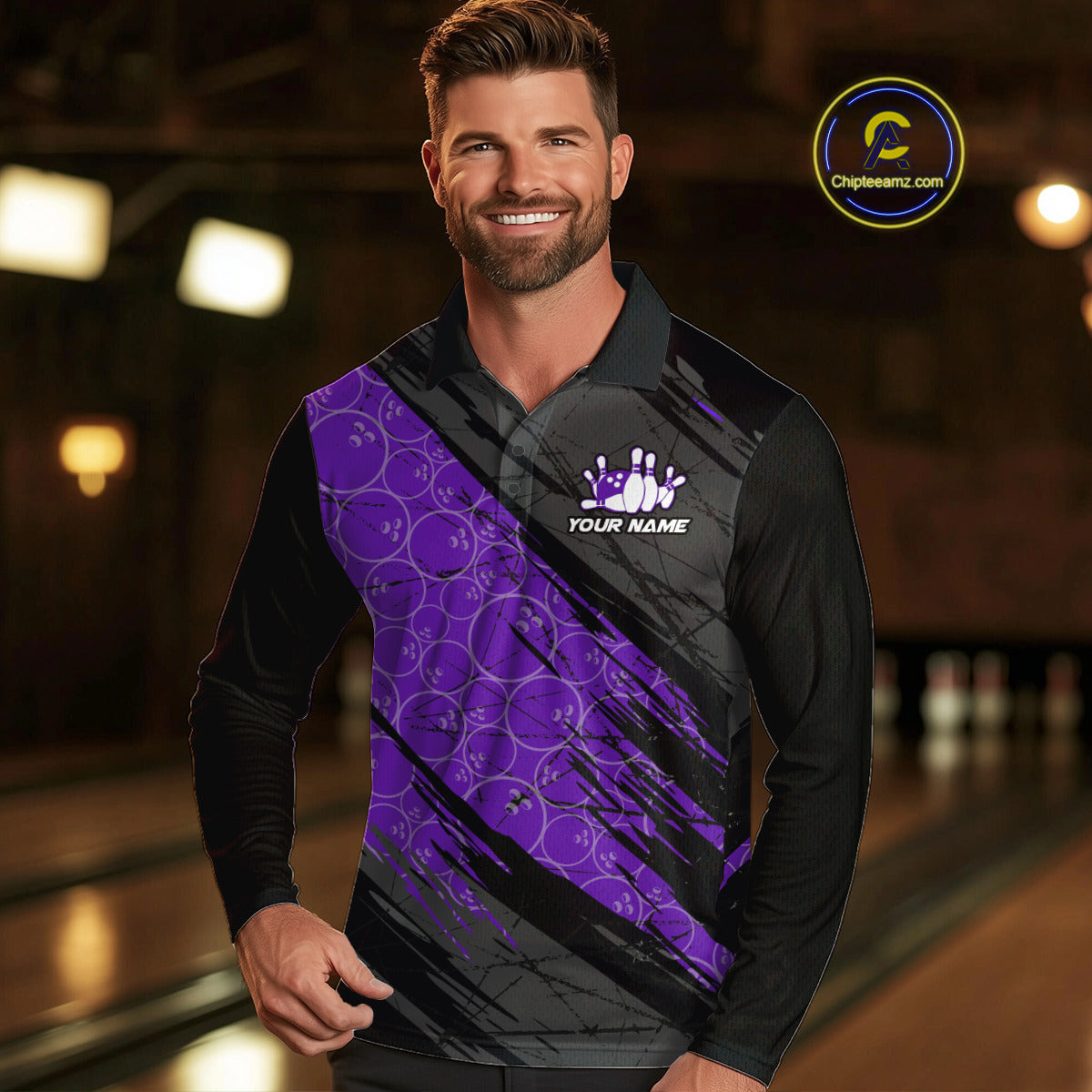 Black and Purple Bowling Camo Polo, 1/4 Zip Shirts for Men Custom Bowling Team League Jerseys NQS11700