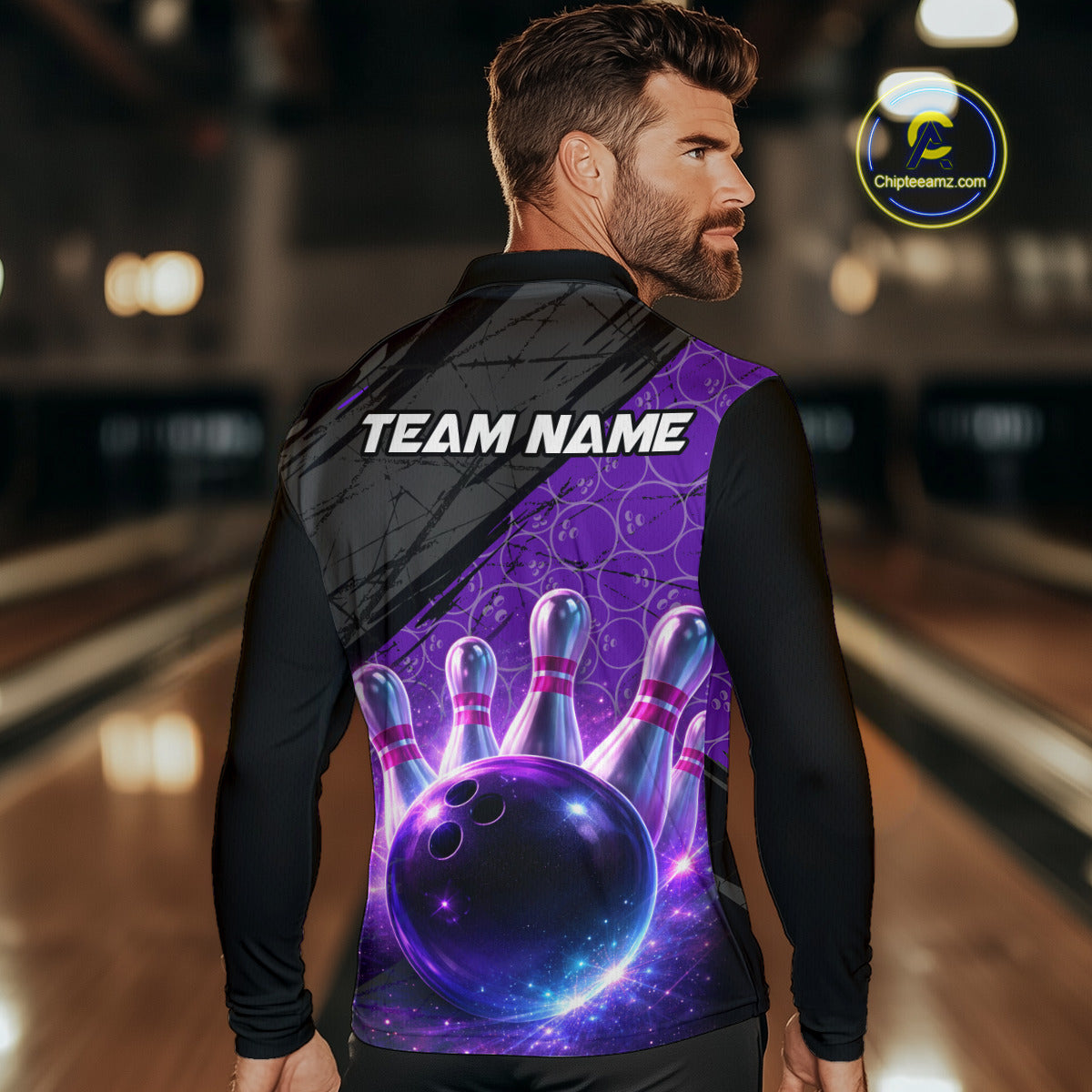 Black and Purple Bowling Camo Polo, 1/4 Zip Shirts for Men Custom Bowling Team League Jerseys NQS11700
