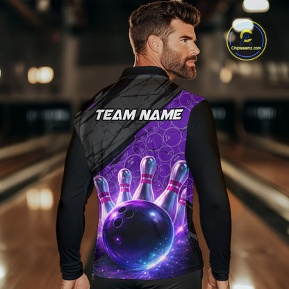 Black and Purple Bowling Camo Polo, 1/4 Zip Shirts for Men Custom Bowling Team League Jerseys NQS11700
