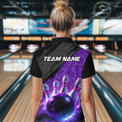 Black and Purple Bowling Camo Polo, 1/4 Zip Shirts for Women Custom Bowling Team League Jerseys NQS11700
