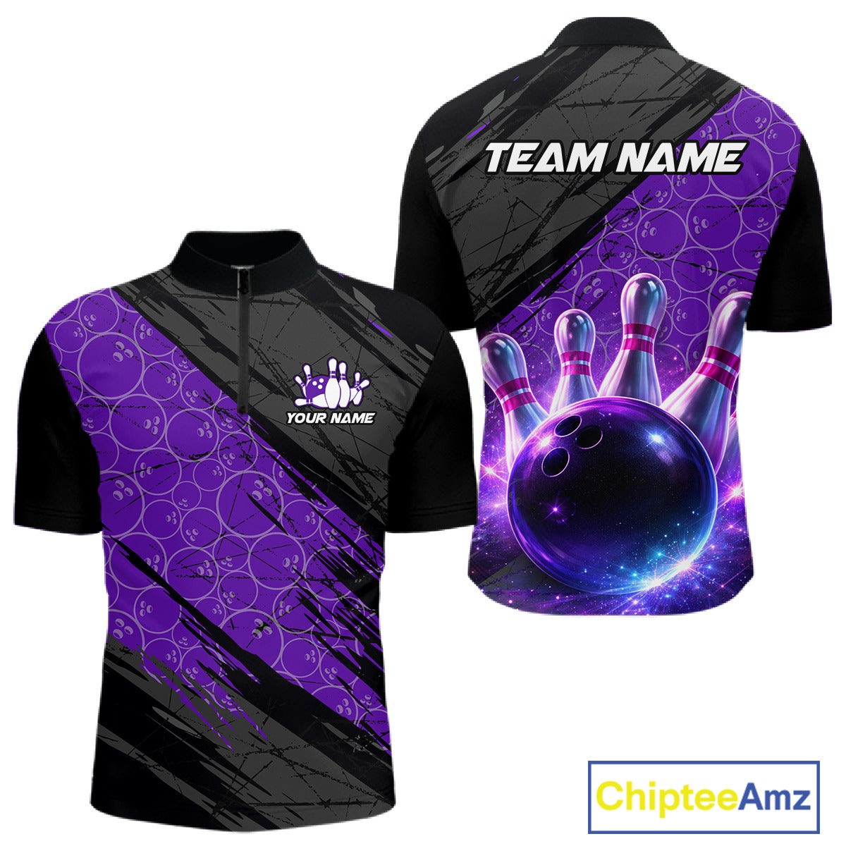 Black and Purple Bowling Camo Polo, 1/4 Zip Shirts for Men Custom Bowling Team League Jerseys NQS11700