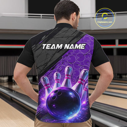 Black and Purple Bowling Camo Polo, 1/4 Zip Shirts for Men Custom Bowling Team League Jerseys NQS11700