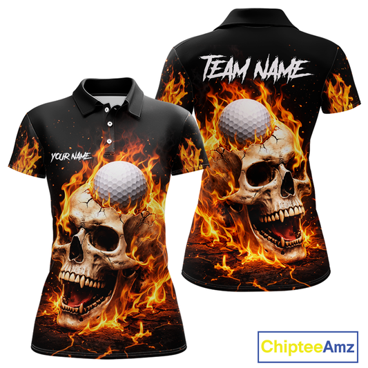 Flame Skull Golf Polo shirts for Women custom Skull Fire team golf shirts, golf gifts for ladies NQS11576