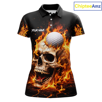 Flame Skull Golf Polo shirts for Women custom Skull Fire team golf shirts, golf gifts for ladies NQS11576