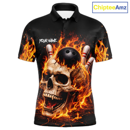 Flame Skull Bowling Polo, 1/4 zip shirts for men custom Skull team Bowling uniforms league jerseys NQS11577