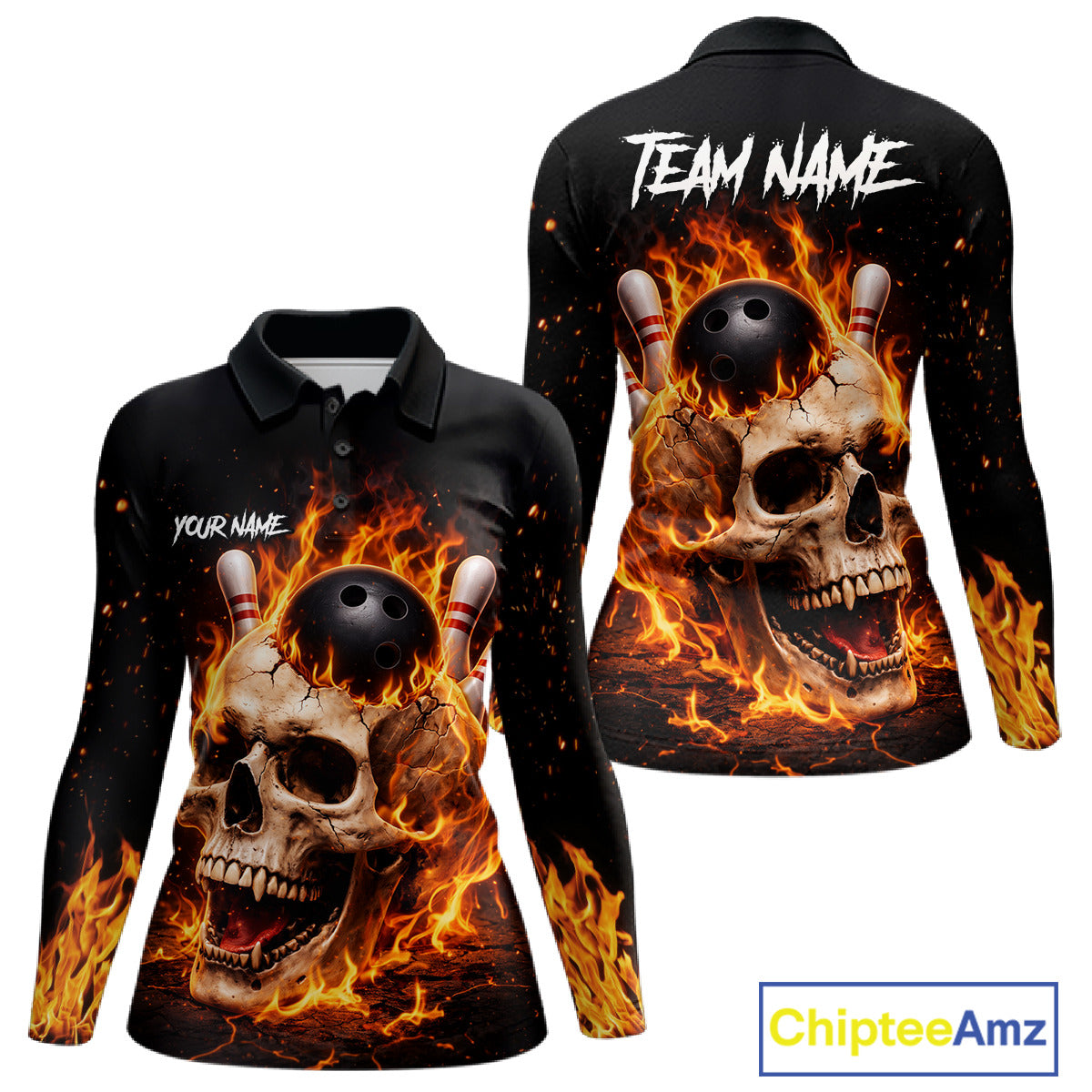 Flame Skull Bowling Polo, 1/4 zip shirts for Women custom Skull team Bowling uniforms league jerseys NQS11577