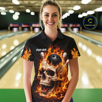 Flame Skull Bowling Polo, 1/4 zip shirts for Women custom Skull team Bowling uniforms league jerseys NQS11577