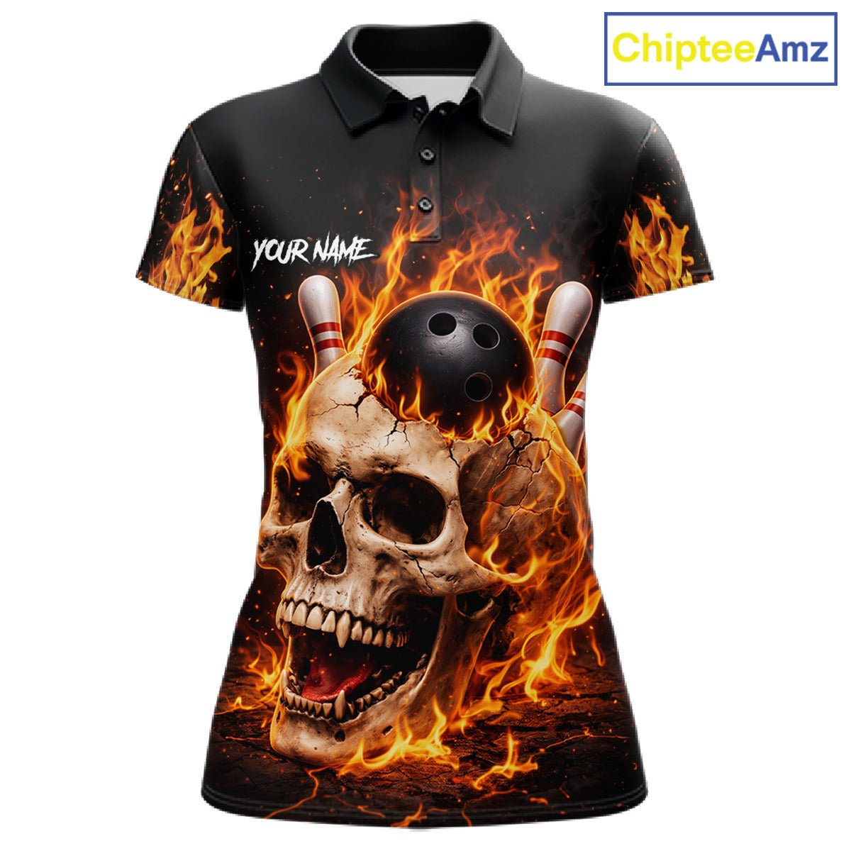 Flame Skull Bowling Polo, 1/4 zip shirts for Women custom Skull team Bowling uniforms league jerseys NQS11577