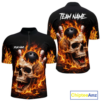 Flame Skull Bowling Polo, 1/4 zip shirts for men custom Skull team Bowling uniforms league jerseys NQS11577