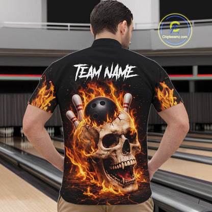 Flame Skull Bowling Polo, 1/4 zip shirts for men custom Skull team Bowling uniforms league jerseys NQS11577