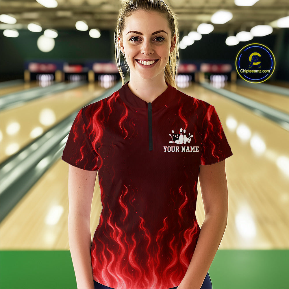 Red flame lightning thunder Bowling polo, quarter zip shirts for Women custom Bowling team jerseys NQS10979