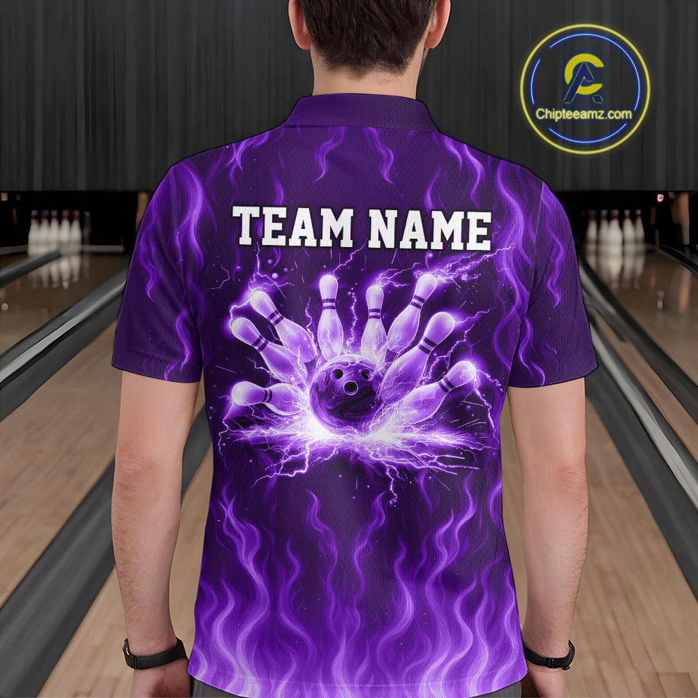 Purple flame lightning thunder Bowling polo, quarter zip shirts for men custom Bowling team jerseys NQS10980