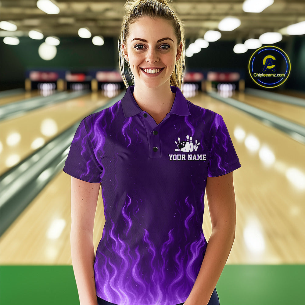 Purple flame lightning thunder Bowling polo, quarter zip shirts for Women custom Bowling team jerseys NQS10980