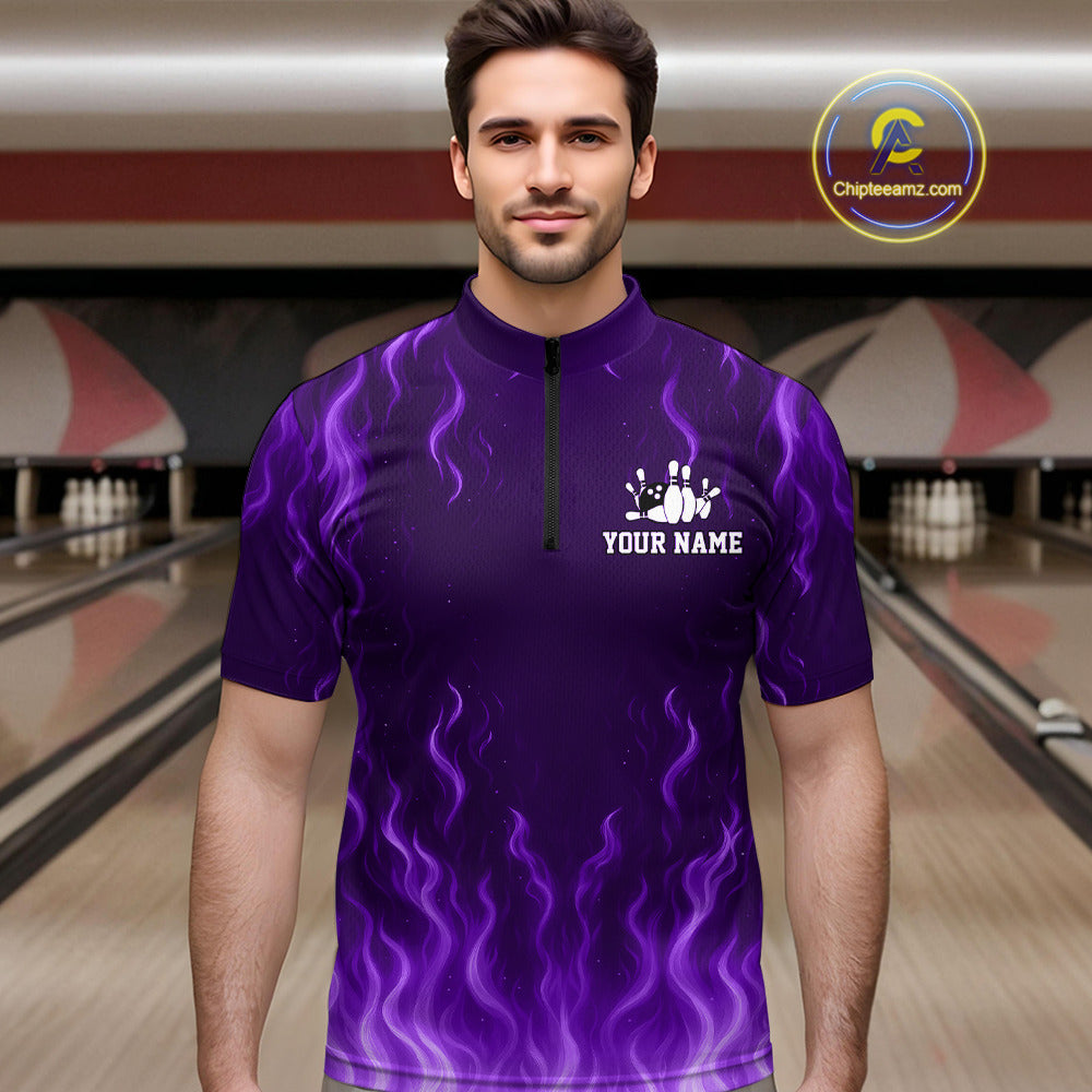 Purple flame lightning thunder Bowling polo, quarter zip shirts for men custom Bowling team jerseys NQS10980